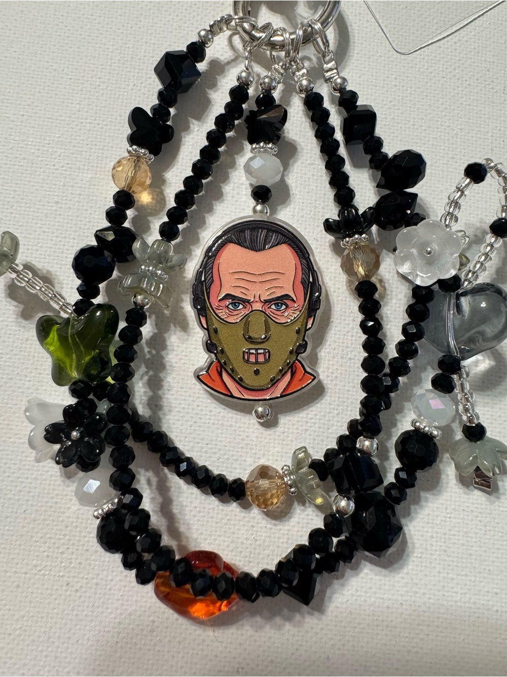 Hannibal Lecter Enamel Pendant Beaded Phone Charm - Black & Olive Accents
